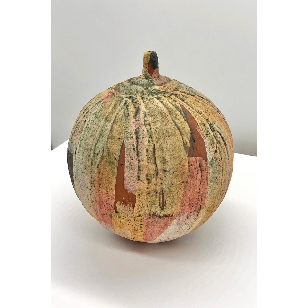 Signed Artisan Pottery Ribbed Ceramic Vessel Earth Tone Pit Fired Orb Pumpkin